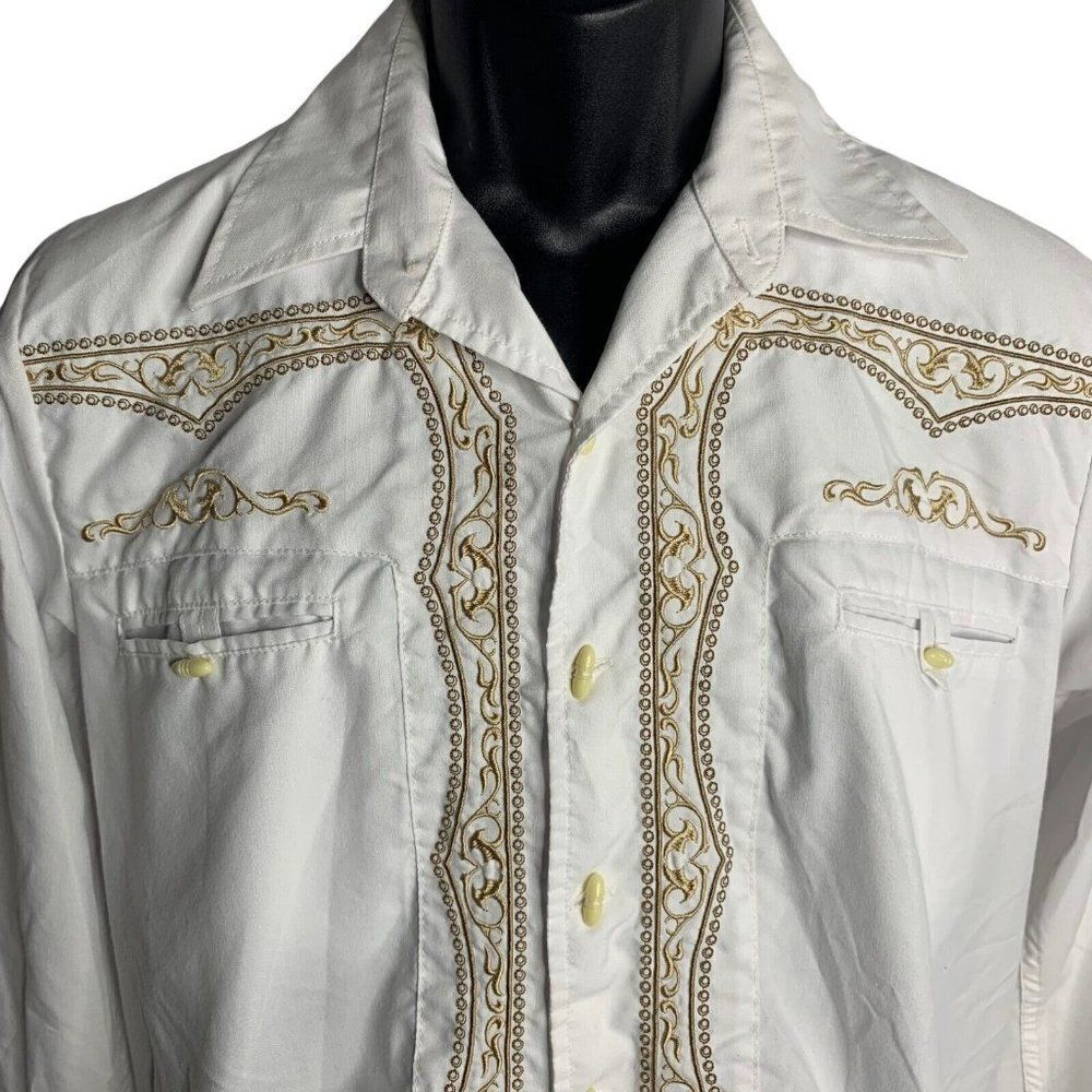 Rangers Legend Embroidered Western Shirt M White Button Up Long Sleeves Pockets